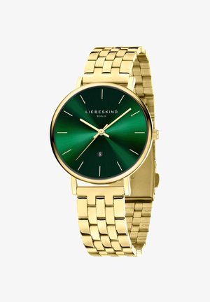 Guldtonet armbåndsur med rund urskive, mørkegrøn skive, guld markeringer og en datovisning. Har et struktureret, sammenkoblet metalarmbånd.
