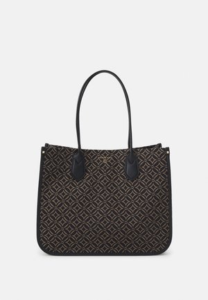 Torba na ramię w czarno-brązowy wzór z podwójnymi cienkimi uchwytami oraz subtelnym złotym logo u góry na środku.