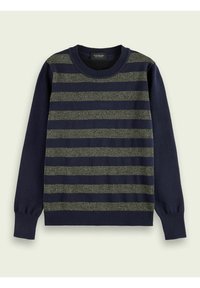 Suéter azul marino con rayas horizontales verdes oliva brillantes, cuello y puños acanalados, y textura suave. Adecuado para uso casual.