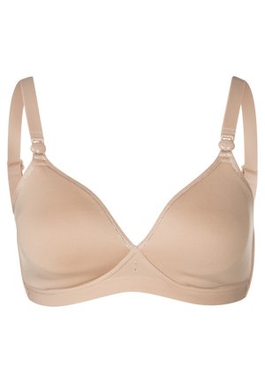 Light beige bra with smooth fabric, triangle cups, adjustable straps, and subtle lace trim along the neckline. No underwire present.