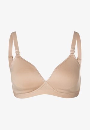 Light beige bra with smooth fabric, triangle cups, adjustable straps, and subtle lace trim along the neckline. No underwire present.