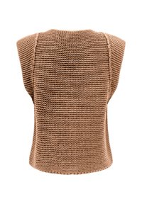 Gebreide vest in lichtbruin, met een losse pasvorm, een breed schouderontwerp en een textuur van stof met horizontale lijnen. Geen sluitingen of versieringen.