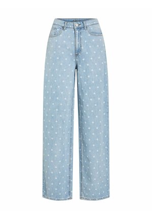 Dżinsy szerokie w jasnoniebieskim kolorze z białymi groszkami, z przodu zapinane na guziki i zamek, z pięcioma kieszeniami.