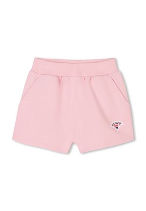 Shorts di cotone rosa con vita elasticizzata, due tasche laterali e un piccolo logo Kenzo Paris sulla parte anteriore. Texture liscia e design casual.