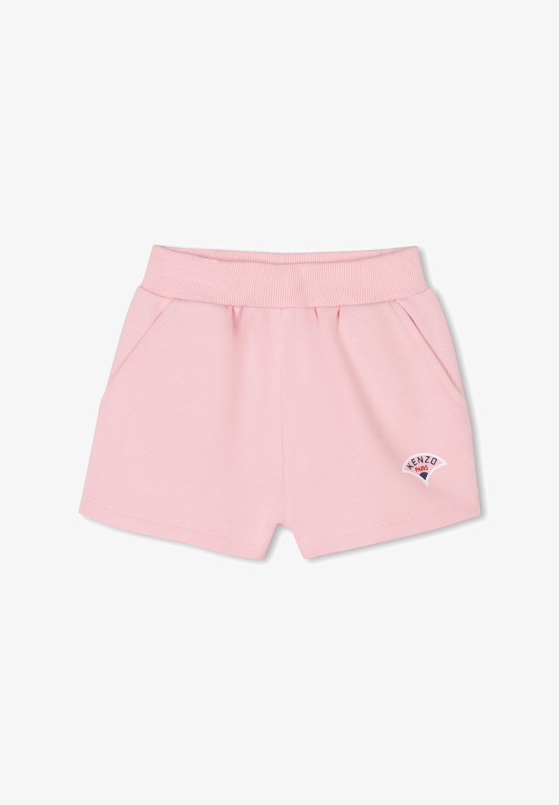 Shorts en coton rose avec une taille élastique, deux poches latérales et un petit logo Kenzo Paris à l'avant. Texture lisse et design décontracté.