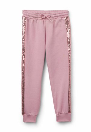 Pantalons de jogging rose clair en tissu doux, avec des accents de sequins sur le côté et une taille élastique avec un cordon de serrage.