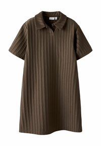 Rjava rebrovana polo obleka s kratkimi rokavi, ki ima klasičen ovratnik in teksturirano tkanino. Ravna rez in dolžina do kolen.