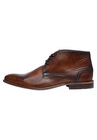 Braune Leder-Stiefeletten mit glatter Textur, runder Zehenform und Schnürdesign. Sie verfügen über einen Holzabsatz und dezente Steppnähte.