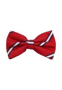 Rote Fliege mit gerippter Textur, die diagonale weiße und marineblaue Streifen aufweist. Zentraler Knoten mit glatter Oberfläche.