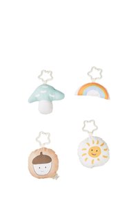 Four plush baby toys: a mint mushroom, a rainbow, a brown acorn with a face, and a white sun with smiley face, each with a star-shaped clip.