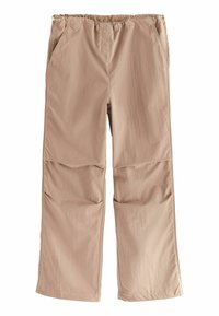 Beige, lehké kalhoty s širokými nohavicemi a elastickým pasem, dvěma bočními kapsami a hladkým povrchem, vhodné pro každodenní nošení.