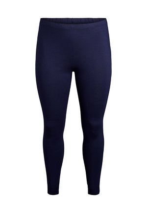 Granatowe legginsy o pełnej długości z elastyczną talią, gładką fakturą i dopasowanym krojem sięgającym kostek.