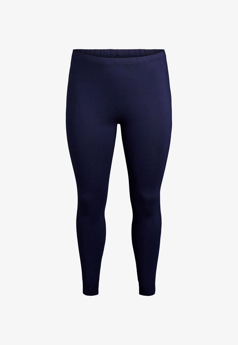 Leggings bleu marine longueur totale avec taille élastique, texture lisse et silhouette ajustée jusqu'aux chevilles.