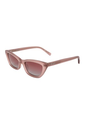 Occhiali da sole rosa cat-eye con lenti sfumate e logo "ROXY" sulle aste.
