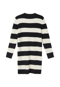 Strickkleid mit horizontalen schwarz-weißen Streifen, langen Ärmeln, rundem Ausschnitt und lockerer Passform mit strukturiertem Oberflächenmaterial.