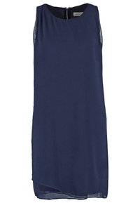 Robe droite bleu marine sans manches avec encolure ronde et ourlet légèrement asymétrique, confectionnée dans un tissu léger.