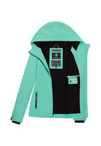 Light teal waterproof jacket with a hood, black lining, zippered pockets, and inner tags featuring brand and care instructions.