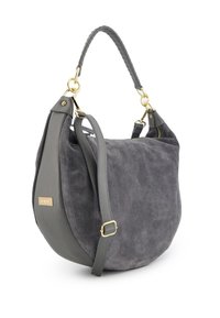 Gray leather handbag with a soft suede upper, braided handle, and gold-tone hardware. Features an adjustable shoulder strap and smooth texture.