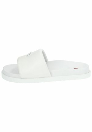 Hvide slidesandaler med en bred, glat rem og flad sål. Fremstillet af syntetisk materiale, med et enkelt design og subtilt brandlogo.