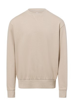 Beige crewneck sweatshirt with long sleeves, ribbed cuffs, and hem. Smooth fabric with a regular fit and a subtle v-stitch detail at the neck.