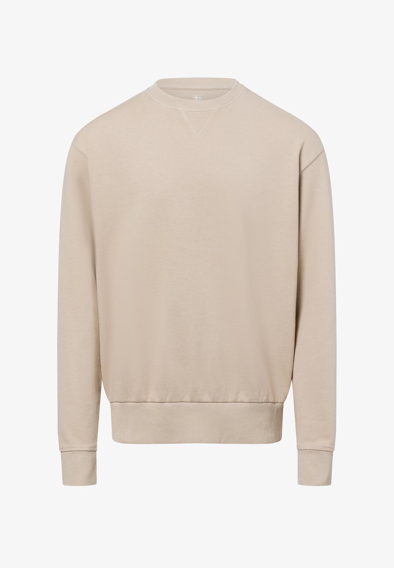 Felpa beige con collo rotondo, maniche lunghe, polsini e orlo ribattuti. Tessuto morbido con una vestibilità regolare e un sottile dettaglio a V nel collo.