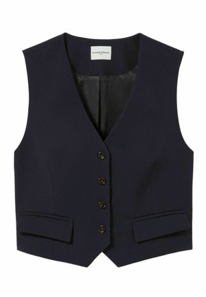 Gilet blu navy con scollo a V, cinque bottoni e due tasche a pattina sulla parte anteriore. Etichetta con la scritta "CLAUDIE PIERLOT" all'interno.