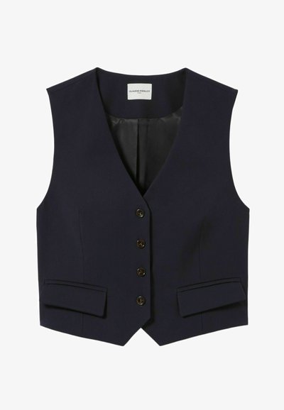 Gilet blu navy con scollo a V, cinque bottoni e due tasche a pattina sulla parte anteriore. Etichetta con la scritta "CLAUDIE PIERLOT" all'interno.