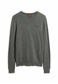 Pull gris en V fabriqué en tissu tricot doux, avec des manches longues, des poignets côtelés et un petit logo brodé sur la poitrine.