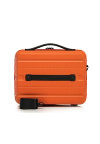 Orange hard case with a textured finish, featuring a black strap, a top handle, and horizontal ridges along the sides.