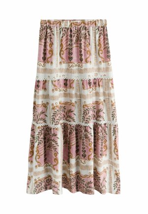 Langer, gestufter Rock mit elastischem Bund, mit einem Muster aus rosa, weißen und beigen Blumen und Ranken sowie Spitzenabschlüssen.
