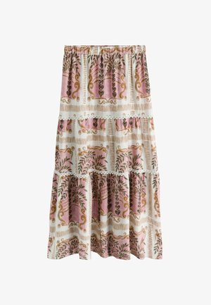 Gari daudzslāņu svārki ar elastīgu jostasvietu, rotāti ar rozā, baltu un bēšu ziedu un vīteņu rakstu un mežģīņu apmalēm.