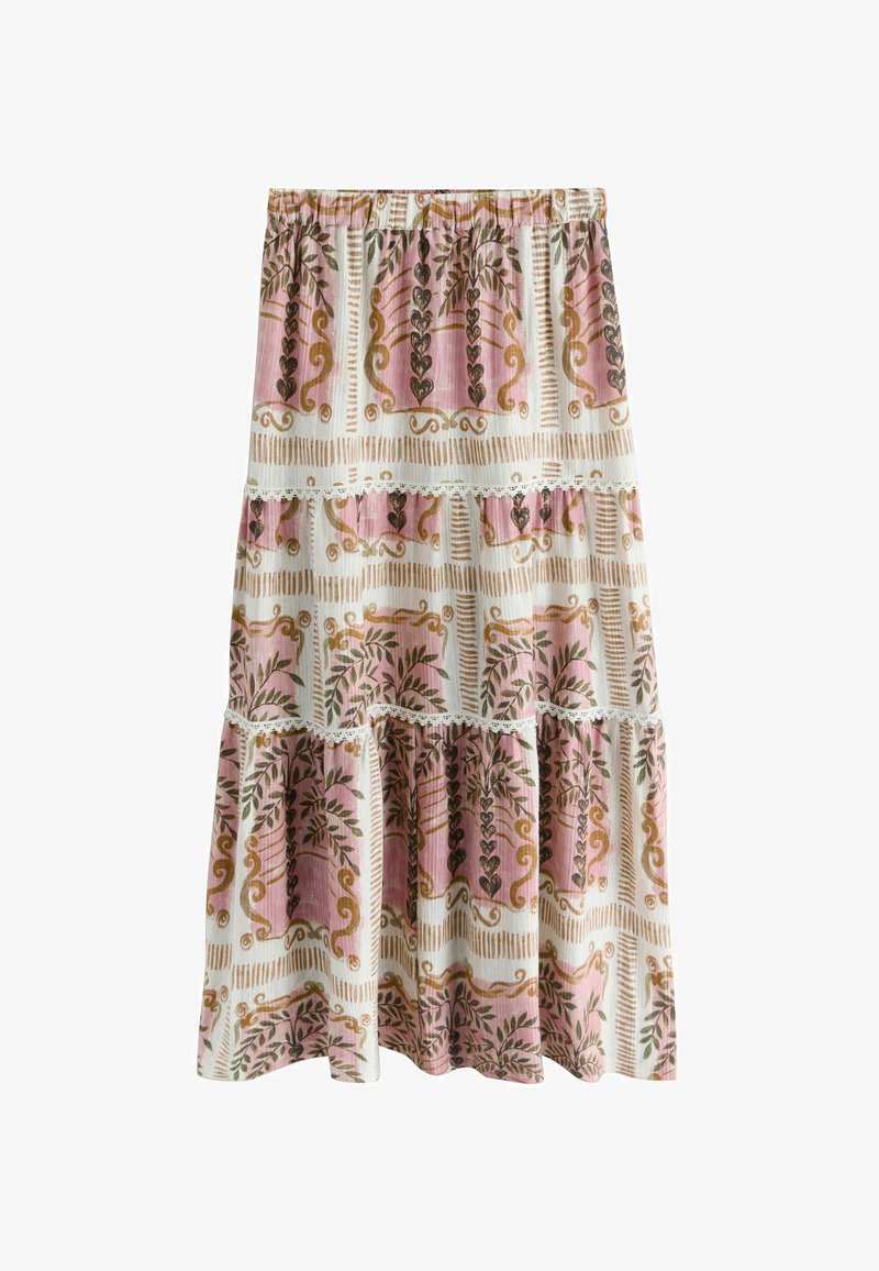 Dlhá sukňa so sukňovými volánmi a elastickým pásom, s motívom kvetov a vínnych lístkov v ružovej, bielej a béžovej farbe, zdobená čipkovými lemami.
