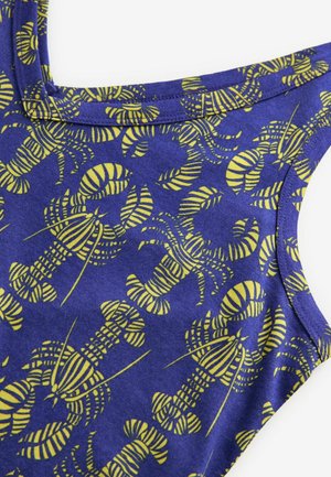 Débardeur en tissu bleu avec un motif de homards jaunes. Le design comprend des rayures détaillées et des contours de homards et de feuilles.