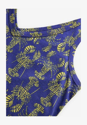Sinine kangast tank top kollase homaari mustriga. Kujundus sisaldab detailseid ridasid ja kontuure homaaridest ja lehtedest.