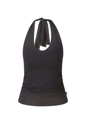 Zwart mouwloze haltertop met gestrikte bandjes bij de hals en een lichte rimpeling in de taille.