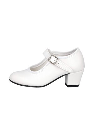 Zapato Mary Jane de cuero blanco con hebilla plateada y tacón bajo de bloque, mostrado de perfil sobre un fondo blanco.