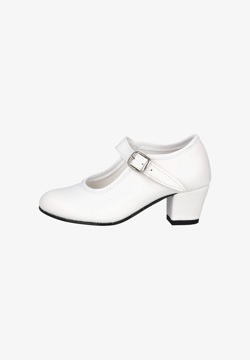 Zapato Mary Jane de cuero blanco con hebilla plateada y tacón bajo de bloque, mostrado de perfil sobre un fondo blanco.