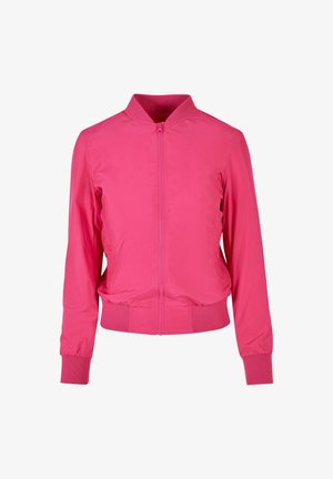 Rózsaszín bomber dzseki, könnyű anyagból készült, elöl cipzárral záródik, bordázott gallérral, mandzsettákkal és aljjal rendelkezik, sima textúrával és testhez álló kialakítással.