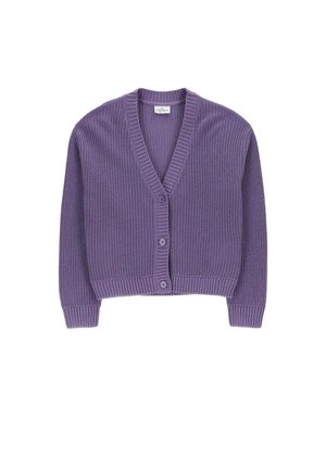 Fioletowy dziergany kardigan z trzema guzikami, długimi rękawami, ściągaczami przy mankietach i dekoltem w serek.