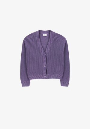 Fioletowy dziergany kardigan z trzema guzikami, długimi rękawami, ściągaczami przy mankietach i dekoltem w serek.