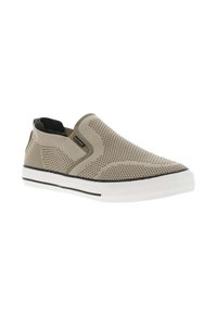 Botte beige à enfiler avec une tige en maille respirante, un design texturé, des accents noirs et une semelle extérieure en caoutchouc blanc avec une bordure noire.