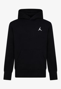 Fekete kapucnis pulcsi pamut keverék anyagból, elülső kenguruzsebbel és fehér Jumpman logóval a mellkasán. Normál fazon.