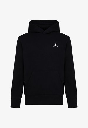 Sweatshirt preto com capuz, feito de um tecido de mistura de algodão, apresentando um bolso canguru frontal e um logo Jumpman branco no peito. Ajuste normal.