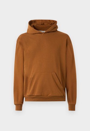 Brown hooded sweatshirt made from a soft material. Features a front pocket, ribbed cuffs, and hem. Simple design, no patterns or accents.