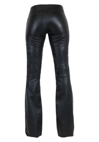 Zwarte leren flared pants met een hoge tailleband, met een gladde textuur en een strakke pasvorm die overgaat in een wijde pijpopening.