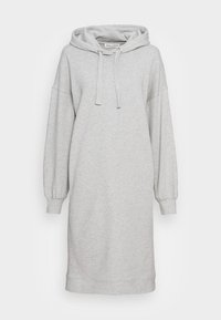 Světle šedé dlouhé šaty ve stylu hoodie s kapucí na šňůrku, spadlými rameny, dlouhými rukávy s žebrovanými manžetami a rovním lemem.