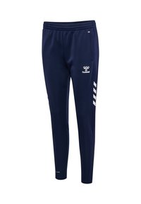 Marineblaue Slim-Fit-Sporthose mit elastischem Bund, weißem hummel-Logo und Chevron-Streifen an den Seiten, für den sportlichen Einsatz entwickelt.