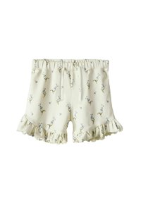 Shorts en coton avec une taille élastique, des ourlets froncés, et un fond crème présentant de petits motifs floraux bleus et verts.