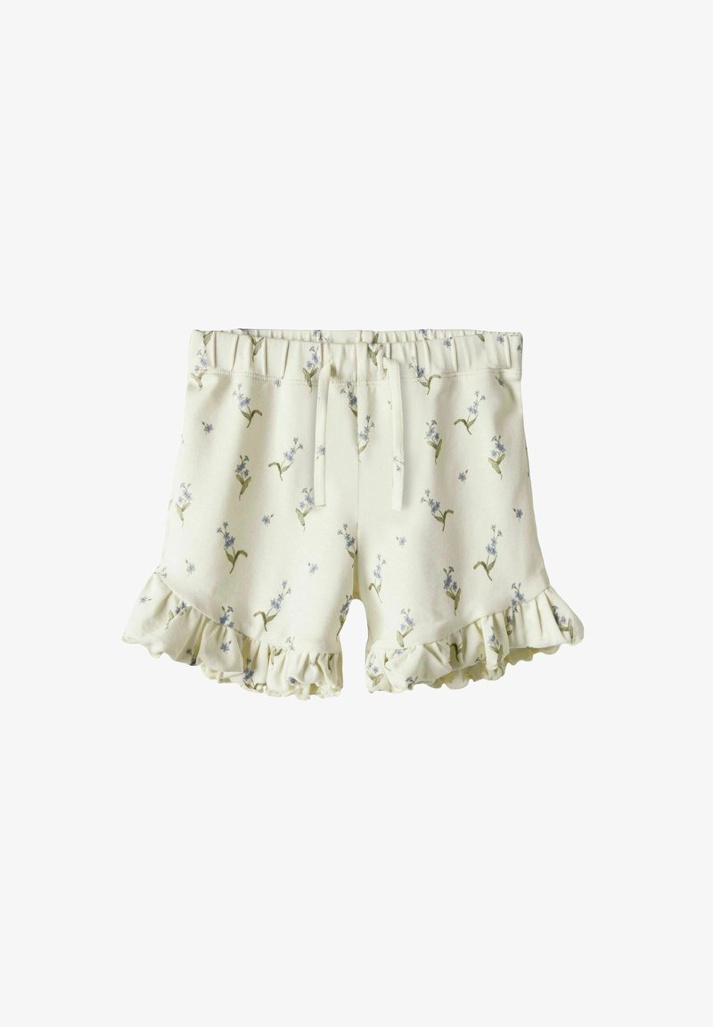 Bavlněné šortky s elastickým pasem, volánky na spodním lemu a krémovým pozadím s malými modrými a zelenými květinovými vzory.