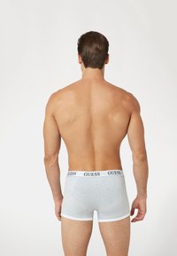 Boxer briefs de algodón gris con una cinturilla blanca en contraste que presenta el logo "GUESS", mostrados desde la parte trasera sobre un torso desnudo.
